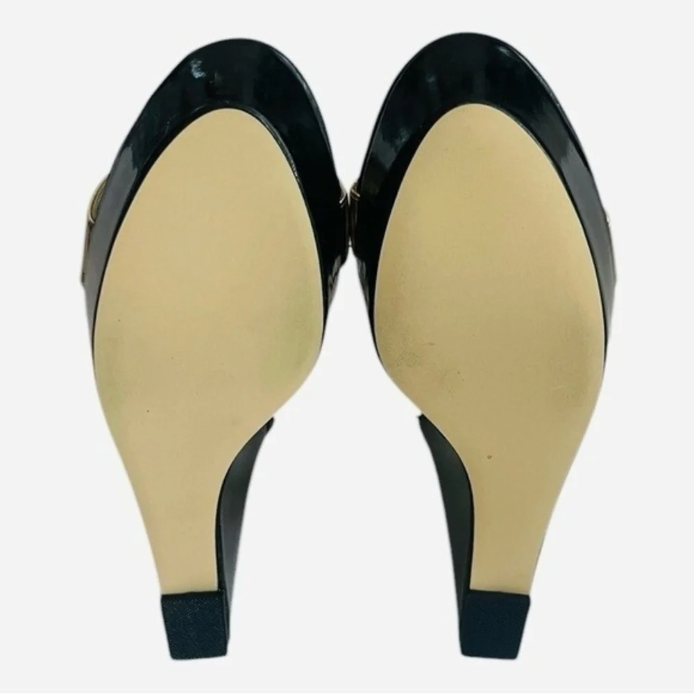 SHOEDAZZLE MORGANA Black Gold White Open Toe Platform Wedge Sandals Size 8